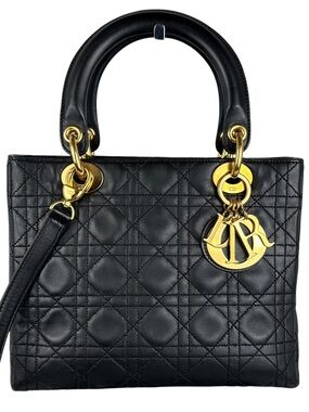 Christian Dior Medium Lady Dior Black Cannage Lambskin Tote Bag GHW